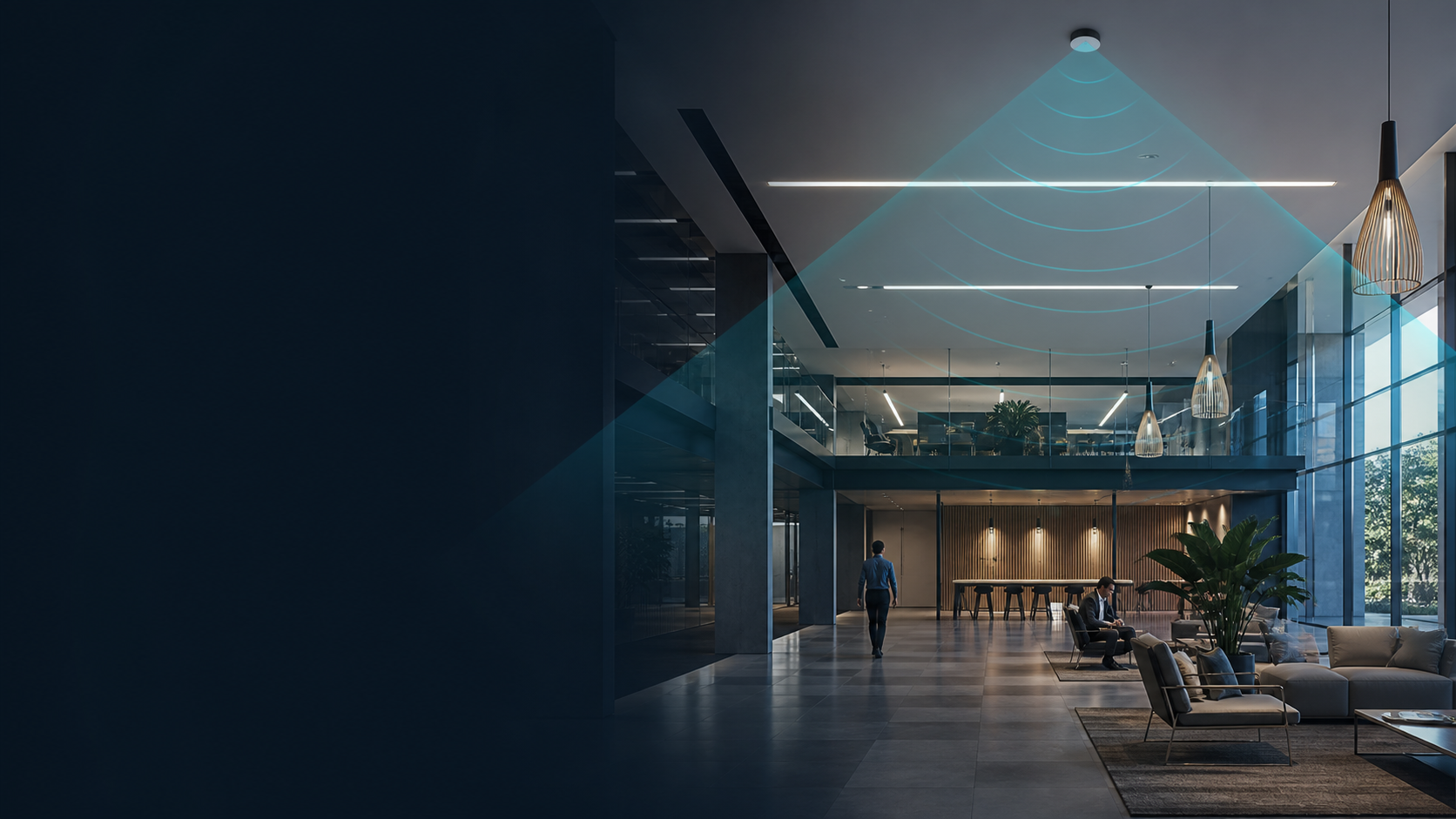 Original YiRadar commercial visual of an unbranded ceiling radar sensor in a lighting and building-control environment