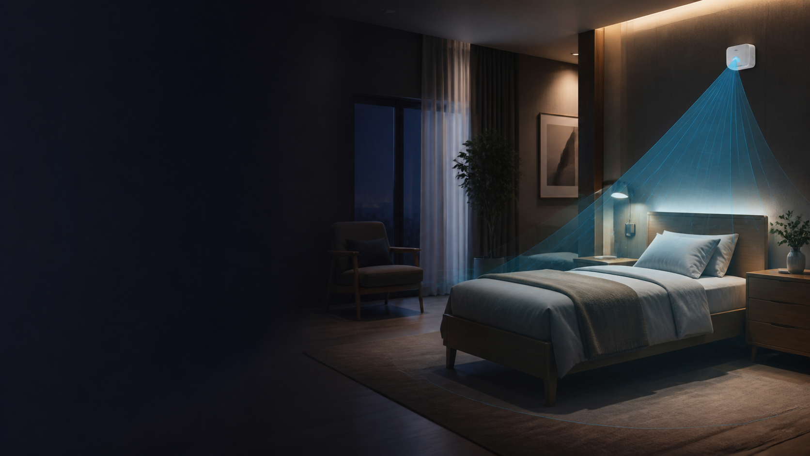 Original YiRadar commercial visual of an unbranded room-sensing module defining a non-contact monitoring zone near a bed