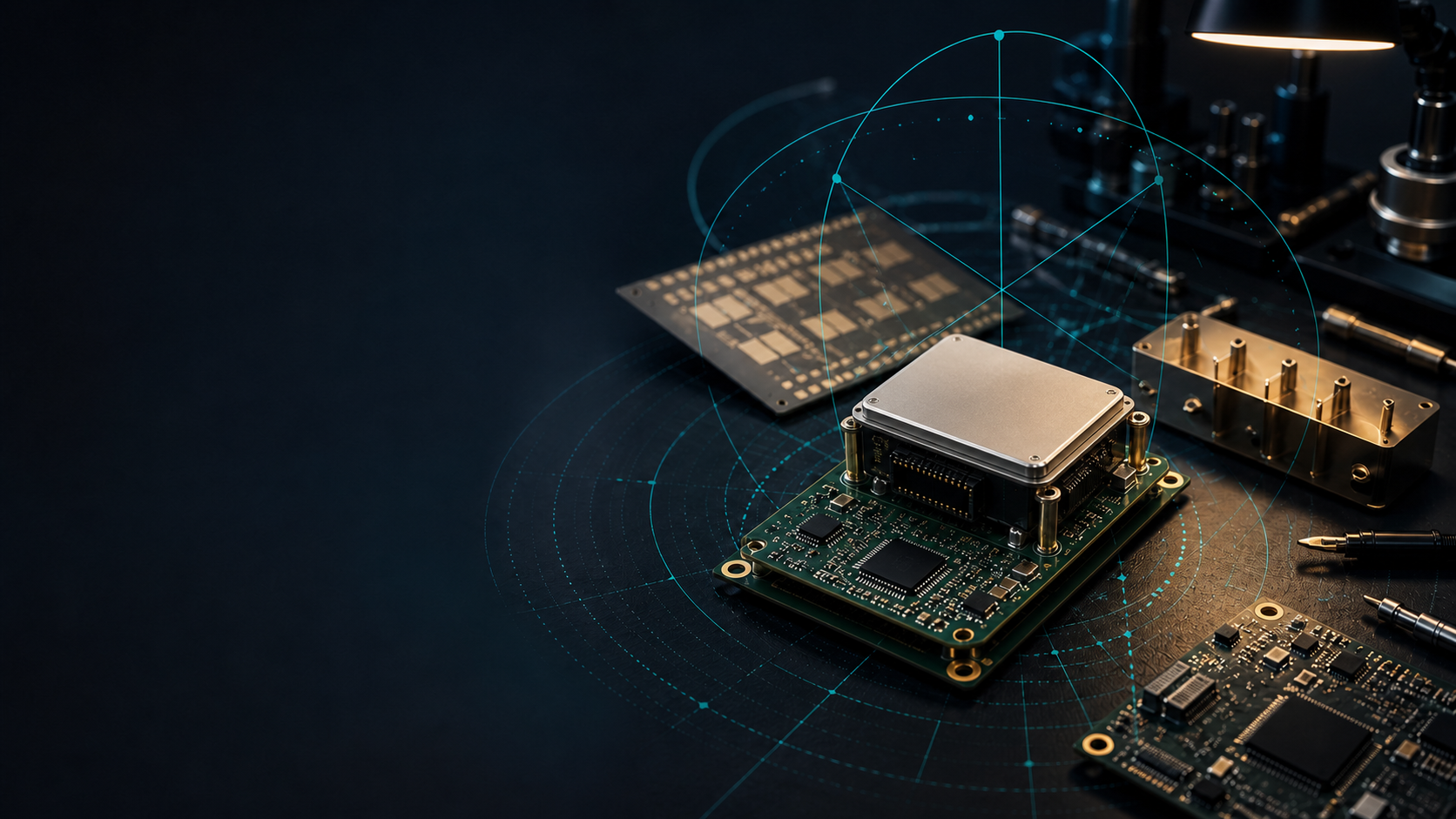 Original YiRadar commercial visual of an unbranded radar PCB prototype and engineering integration workbench