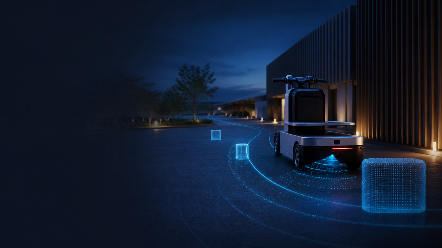Original YiRadar commercial visual of unbranded low-speed mobility sensing with an illustrated radar detection field