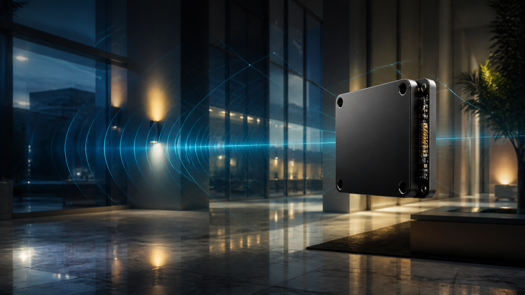 Original YiRadar commercial visual of an unbranded radar module sensing a modern built environment